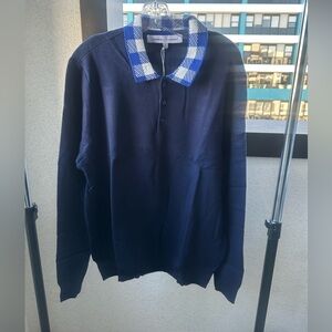 Navy Blue Long-sleeve knit polo w/ gingham check collar - Size XL, NWT
